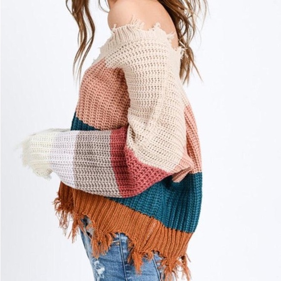 Women Distressed Multi Color Block Sweater - Picture 1 of 10